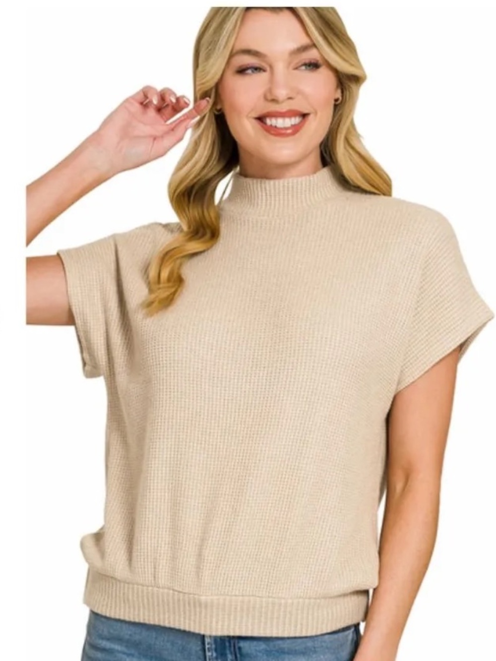 Zenana Waffle Knit Mock Neck Short Sleeve Sweater Top